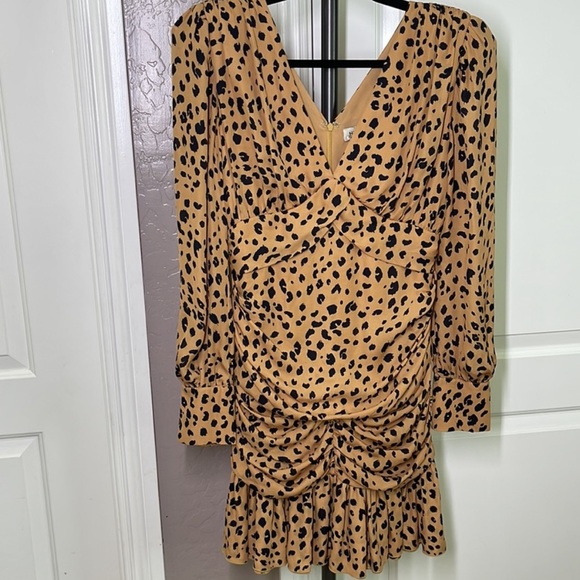 NICHOLAS Brownish/Tan Black 100%Silk Leopard Print Gathered Ruffle Frill Dress 4 - Picture 6 of 16